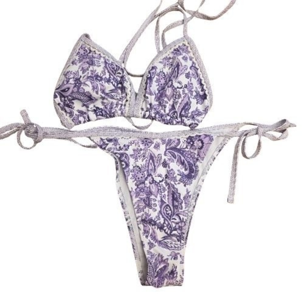 Womens Small Purple Paisley Greek Key Trim String Bikini Set Triangle Top Shell